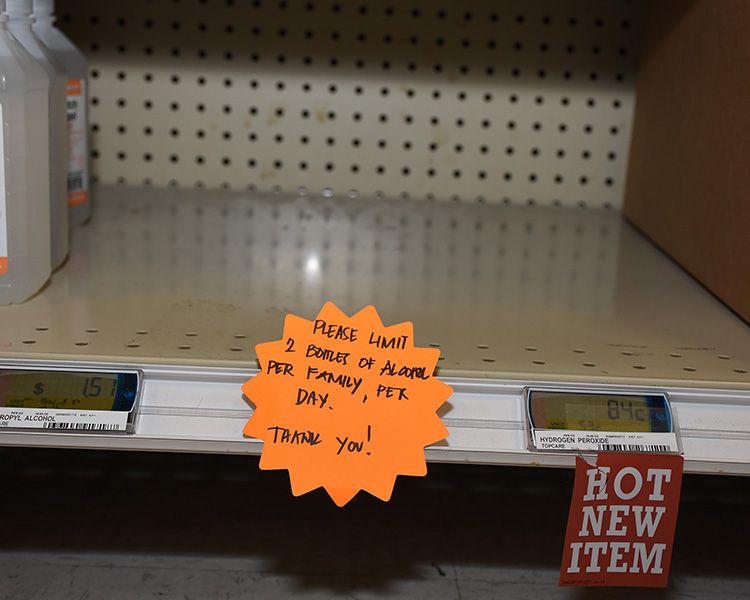 A shelf once containing dozens of isopropyl alcohol is emptied by shoppers at the Commissary at Dugway Proving Ground. Isopropyl alcohol is listed by tedhe Food and Drug Administration and World Health Organization as a critical ingredient in their recipes for homemade hand sanitizer. Photo by Al Vogel, Dugway Public Affairs.