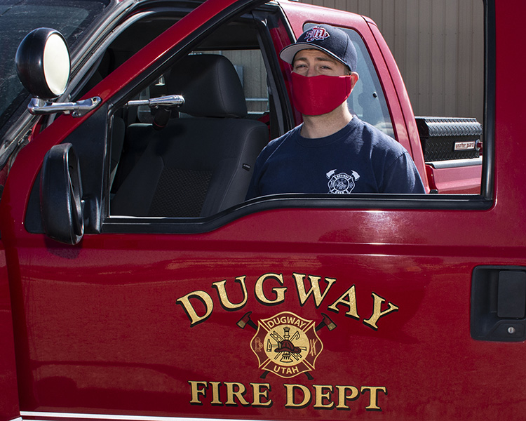 Davin Hoeft, a firefighter with Dugway Fire Department, wears a protective mask made by Lt. Brandon Roschewski of the same department. Photo by Al Vogel, Dugway Public Affairs.