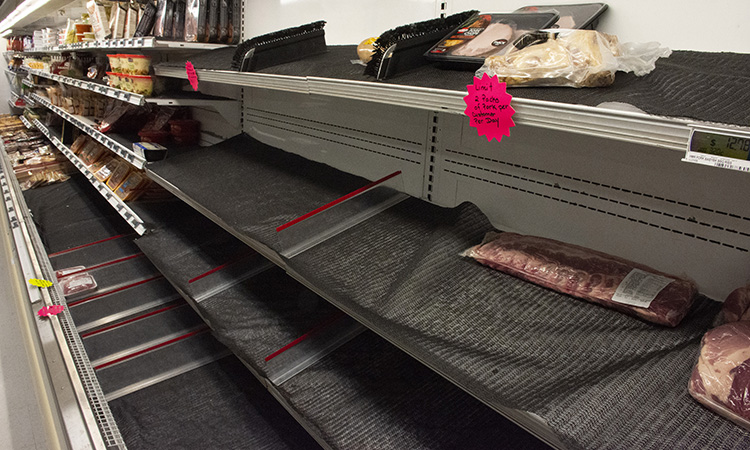 The Dugway Commissary meat department was hard-hit March 25 because of panic-buying, but it has been restocked since. Most shelves are filled, and have a good variety of goods.