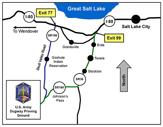 Map depicting routes from Salt Lake City to Dugway