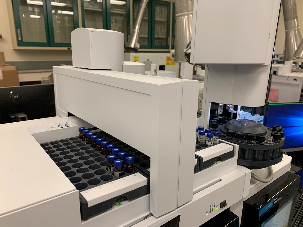 The extracted solvent is analyzed using a Gas Chromatography Mass Spectrometry Triple Quadrupole (GC-QQQ), which can run 150 samples at once, drastically reducing needed manpower compared to the thermal desorption method, which requires an analyst to load each transfer tube one by one onto the thermal desorber. The GC-QQQ is more sensitive and can reach the lower concentrations (ng) compared to analyzing agents in a solvent with a normal GC-single quadrupole (ug). Photo by Becki Bryant, Dugway Public Affairs.