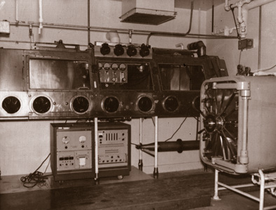 Historical image of biological lab equipment, including an auto clave and the old custom-built Biotron, taken within Dugway’s old Baker Laboratory. Current biological testing is conducted in the new state-of-the-art Life Sciences Test Facility