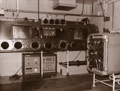 Historical image of biological lab equipment, including an auto clave and the old custom-built Biotron, taken within Dugways old Baker Laboratory. Current biological testing is conducted in the new state-of-the-art Life Sciences Test Facility