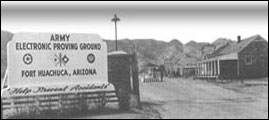 An early, black and white photo of the entrance to Fort Huachuca.