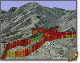 Colorful data visualization overlaying a mountainous area