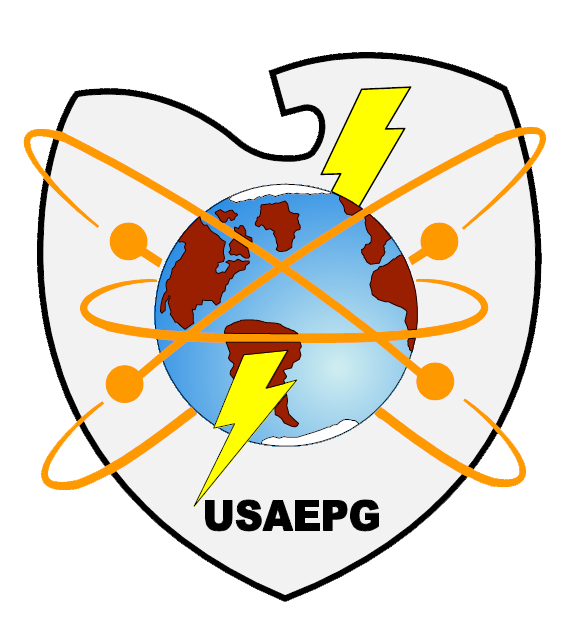 A shield bearing a globe pierced by a lightning bolt and orbited by swirling atoms, and the letters E P G at the base.