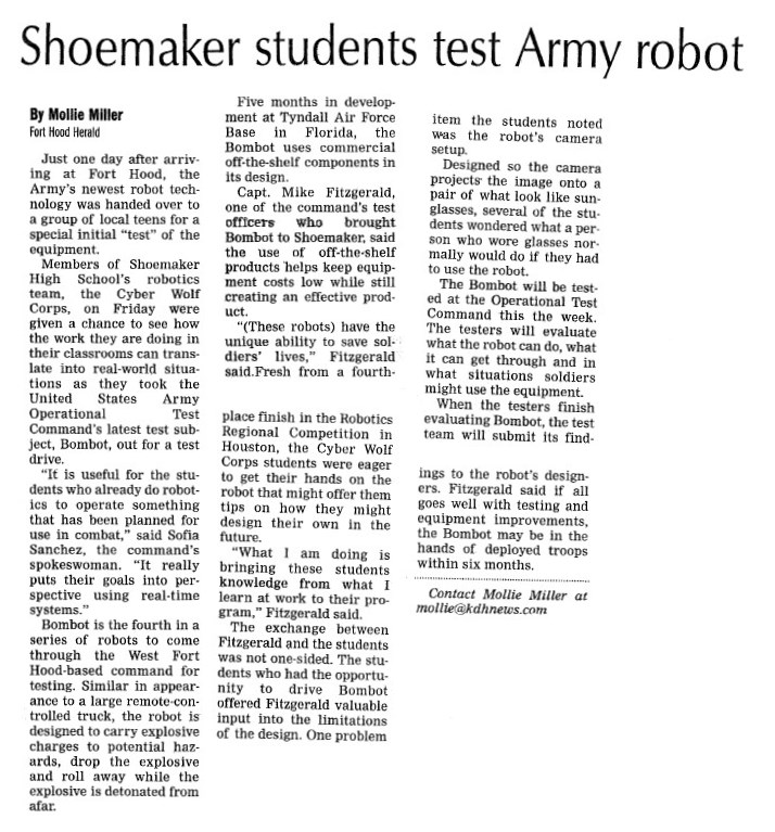 Shoemaker Robotics article