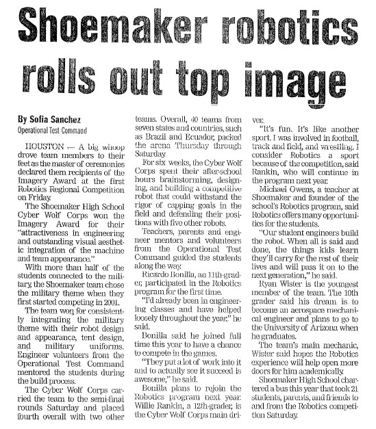 Shoemaker Robotics article