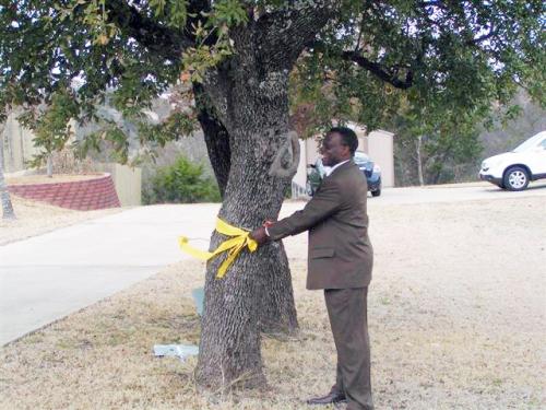 Judith Watiti ties a yellow ribbon around a tree.