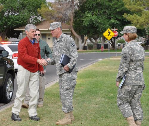 BG Randal Dragon along with BG Laura Richardson greets Secretary of the Army John McHugh