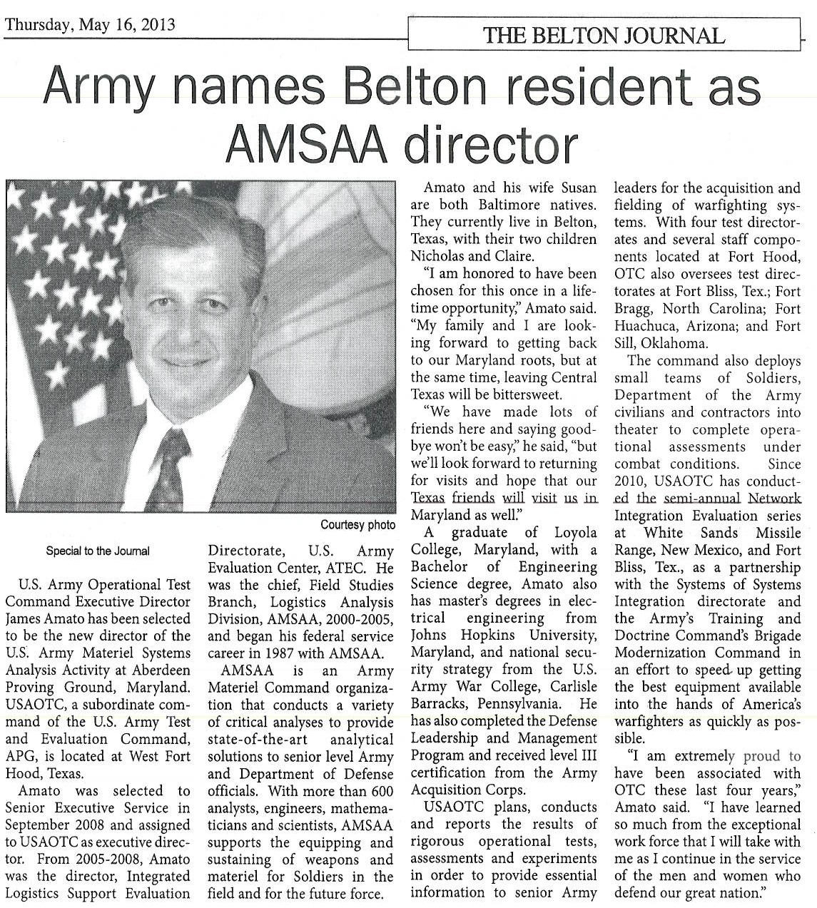 Army names Belton resident as AMSAA director