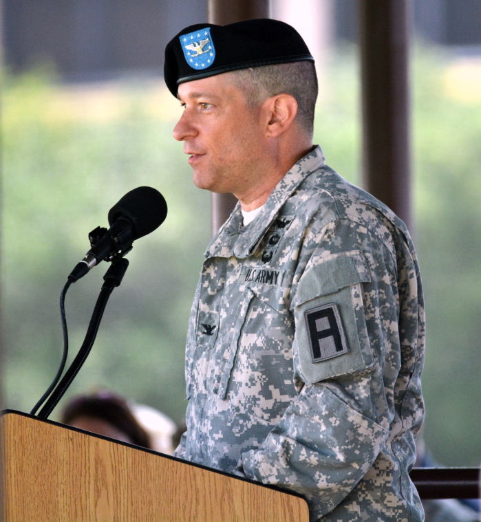 Outgoing commander, Col. Kevin Vizzarri, speaks at change of command