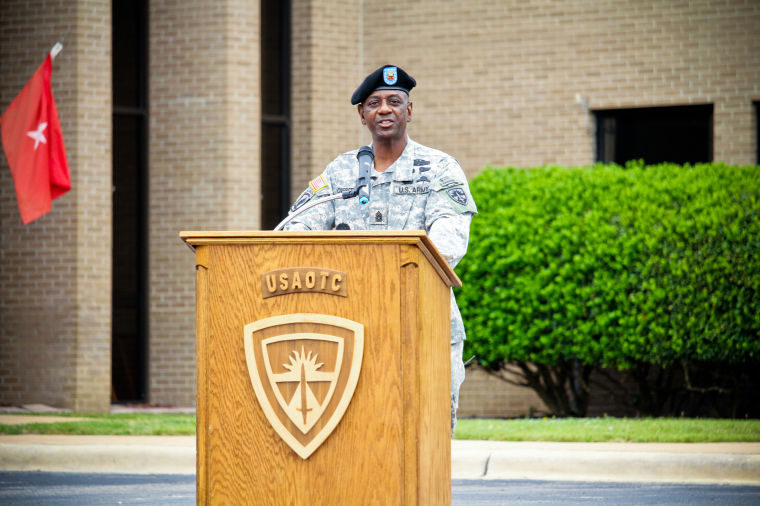 Outgoing Command Sgt. Maj. Antoine Overstreet speaks at the change of responsibility ceremony