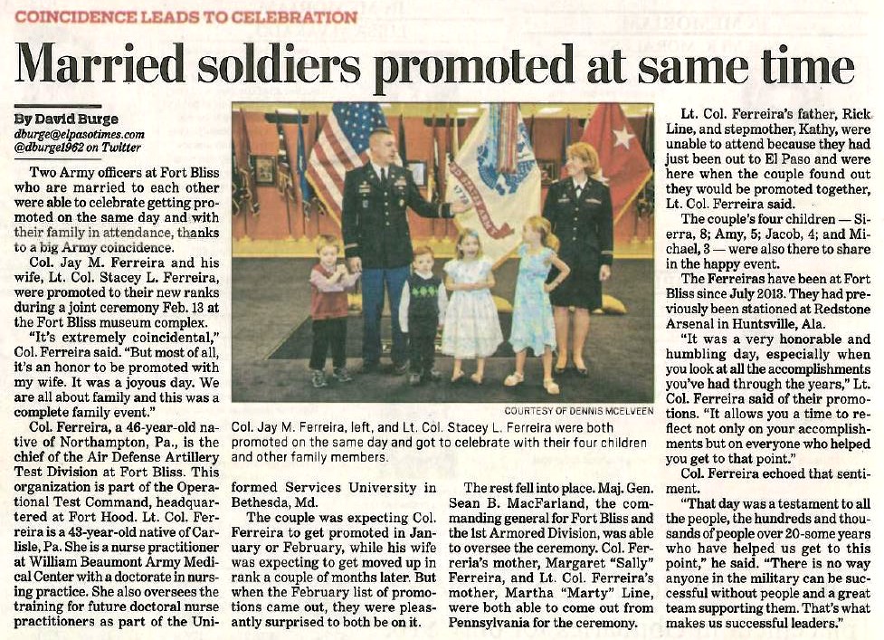 Col. Jay Ferreira and Lt. Col. Stacey Ferreira were both promoted on same day