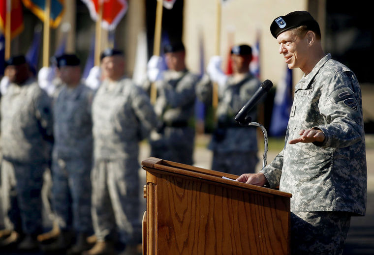Brig. Gen. Kenneth L. Kamper speaks during assumption of command ceremony