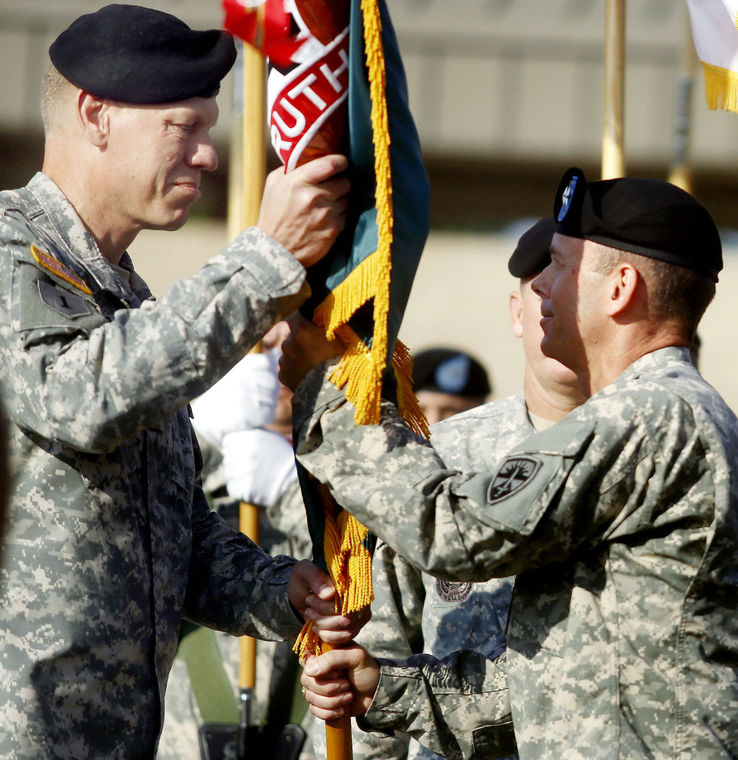 Brig. Gen. Kenneth L. Kamper, left, and ATEC Maj. Gen. Daniel Karbler participate in assumption of command ceremony