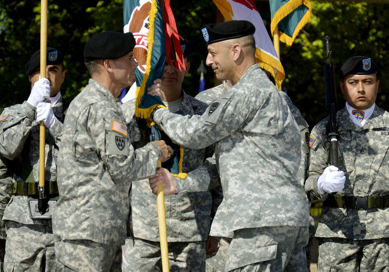 Maj. Gen. Daniel Karbler, left, and Brig. Gen. Scott A. Spellmon participate in ceremony