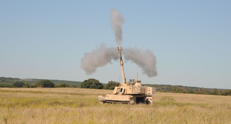 An M109A7 Paladin fires a 155 millimeter artillery round while undergoing an Initial Operational Test on Fort Hood. Photo by Larry Furnace, Test and Documentation Team, Operational Test Command