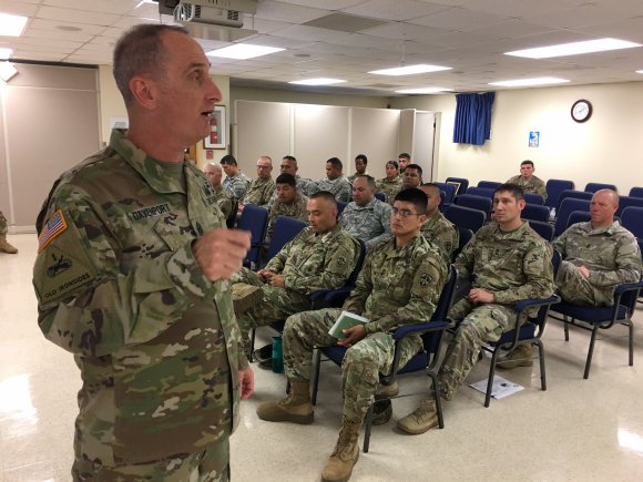 Command Sgt. Maj. David S. Davenport, Sr., talks with OTC NCOs