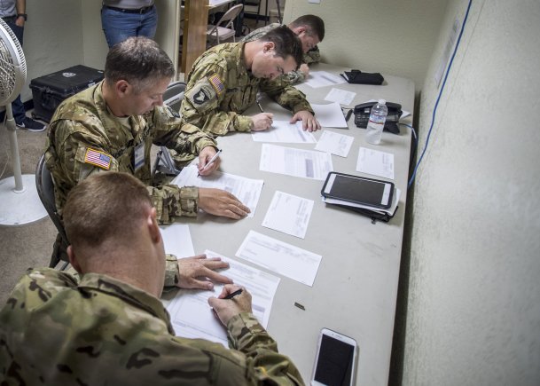 101st Attack Reconnaissance Battalion pilots fill out post-mission surveys