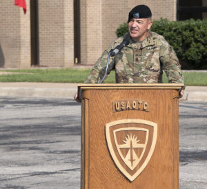 Incoming U.S. Army Operational Test Command Command Sgt. Maj. Mario O. Terenas speaks from the podium