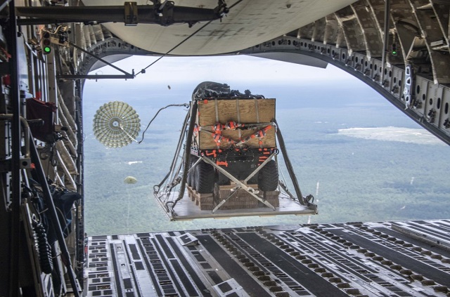 The Airborne and Special Operations Test Directorate at Fort Liberty, North Carolina conduct a Who: the Airforce and ABNSOTD conduct a low-velocity airdrop testing for the Small Multipurpose Equipment Transport. The S-MET is being extracted from a U.S. Air Force C-17 by a single 22-foot extraction parachute over Normandy Drop Zone during operational testing of the system. (Mr. Christopher O'Leary, Audio Video Specialist)